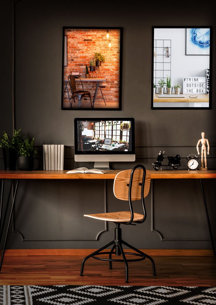 workspace with computer, wooden desk and chair